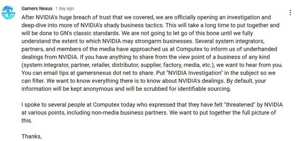 YouTube-блогер Gamers Nexus начнет расследование «теневых» практик NVIDIA — СМИ готовы помочь