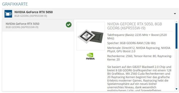 Мобильная RTX 5050 получит 2560 ядер и 8 ГБ памяти — GDDR6 и GDDR7 на выбор